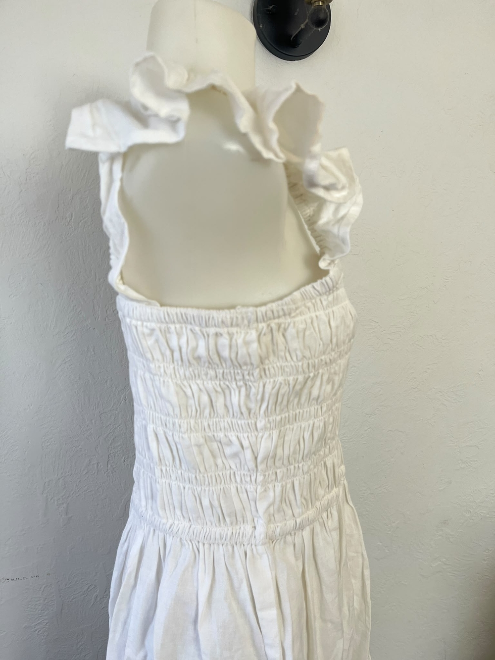 Smocked White Maxi Dress with Ruffle Shoulder Straps - Picture 4 of 7